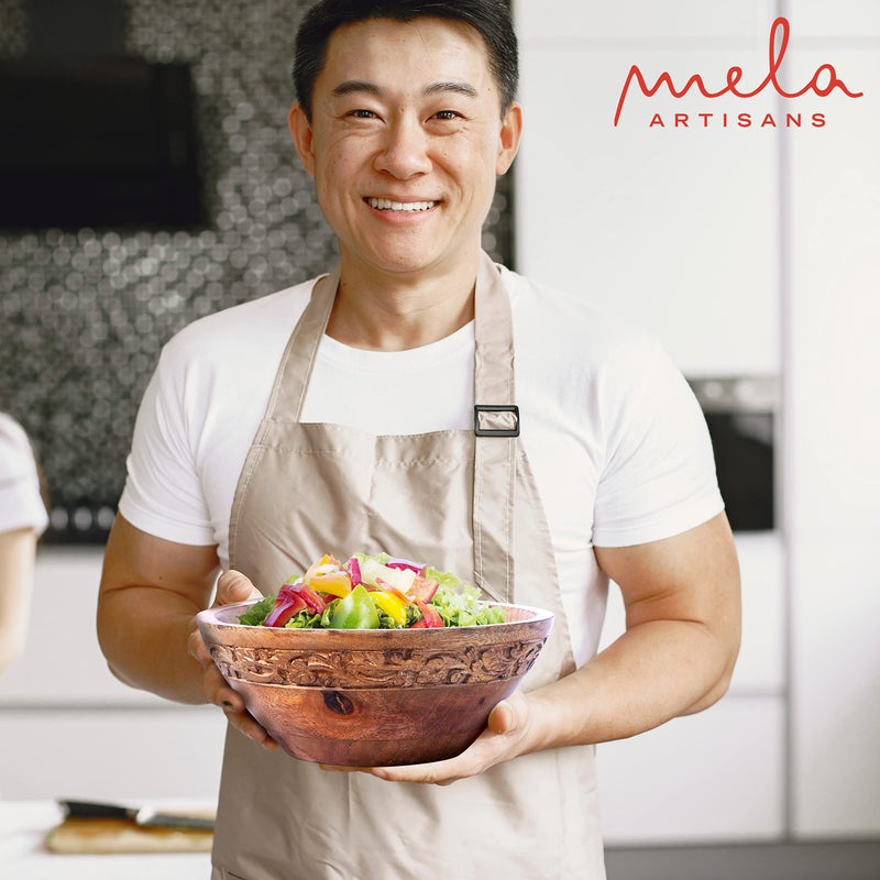Mela Artisans Wooden Fruit Bowl | Medium Burnt Finish | 9” Mango Wood Serving Bowl with Felt Pads | Multipurpose for Kitchen Countertop |Salad | Snacks | Breads & More | Natural Grain Texture - Image 4